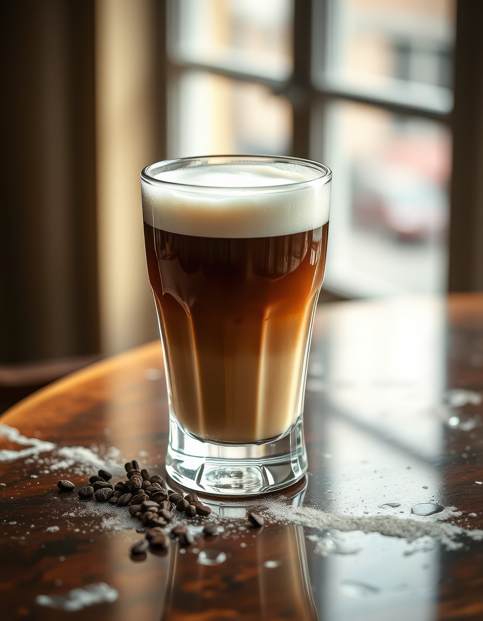 Coffee drink with layered foam resting on a wooden table beside coffee beans in a cozy cafe setting